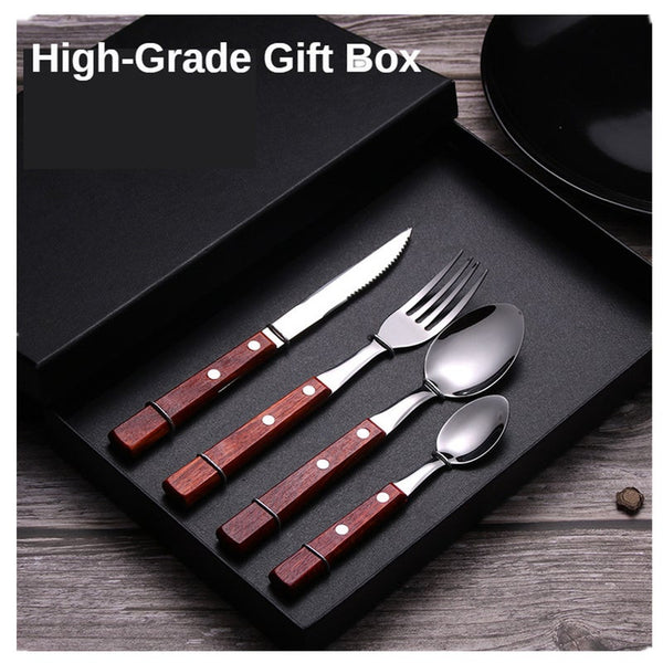 Red Wooden Tableware Set Vintage Cutlery Fork Spoon Knife 304 Stainless Steel Dinner Dinnerware
