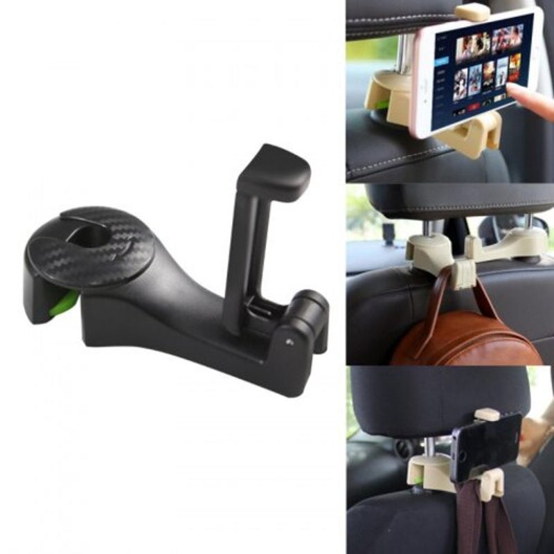 2 In 1 Car Headrest Hook Phone Holder Seat Back Hanger Portable Clips For Bag Handbag Cloth Black