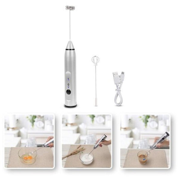 2 In 1 Electric Handheld Milk Frother Egg Beater Silver
