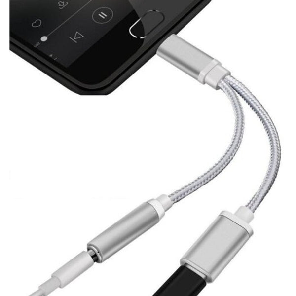 2 In 1 Nylon Braided Usb 3.1 Type C Charger 3.5 Mm Audio Headphone Jack Adapter Cable Converter Silver Cables & Adapters