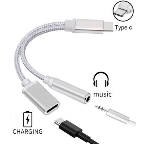 2 In 1 Nylon Braided Usb 3.1 Type C Charger 3.5 Mm Audio Headphone Jack Adapter Cable Converter Silver Cables & Adapters