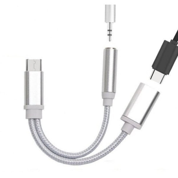 2 In 1 Nylon Braided Usb 3.1 Type C Charger 3.5 Mm Audio Headphone Jack Adapter Cable Converter Silver Cables & Adapters