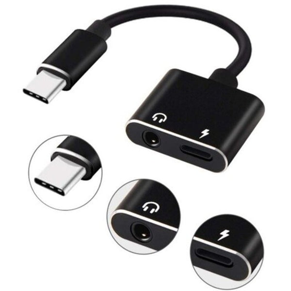 2 In 1 Usb Type C Adapter Charger Audio To 3.5Mm Jack Headphone Aux Converter Black Cables & Adapters