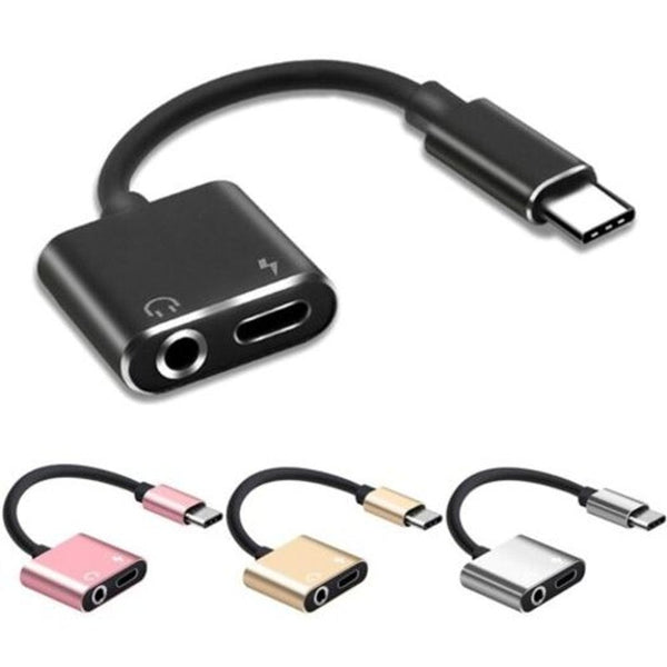 2 In 1 Usb Type C Adapter Charger Audio To 3.5Mm Jack Headphone Aux Converter Black Cables & Adapters