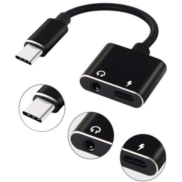 2 In 1 Usb Type C To 3.5 Mm And Charger Headphone Audio Jack Cable Adapter Black