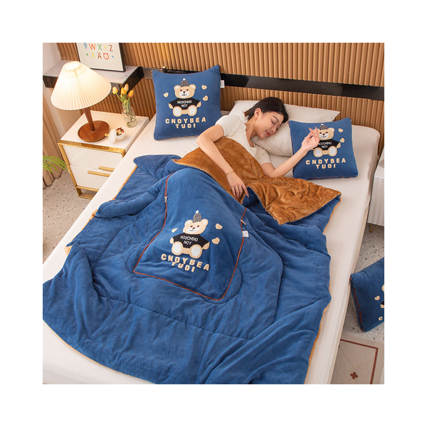 Navy Blue Padded Thickened Hat Bear 2 In 1 Foldable Car Pillow Blanket Cozy 40X40cm Unfolds To 100X150cm For Travel And Office Naps Pillows