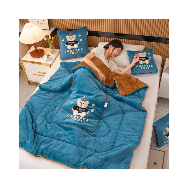 Lake Blue Padded Thickened Hat Bear 2 In 1 Foldable Car Pillow Blanket Cozy 40X40cm Unfolds To 100X150cm For Travel And Office Naps Pillows