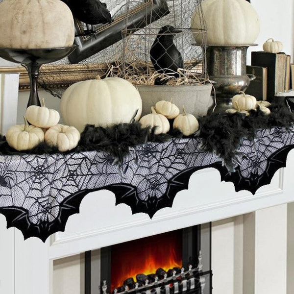 2Pcs Black Lace Spider Web Shape Fireplace Cover Halloween Party Decor 200X50cm