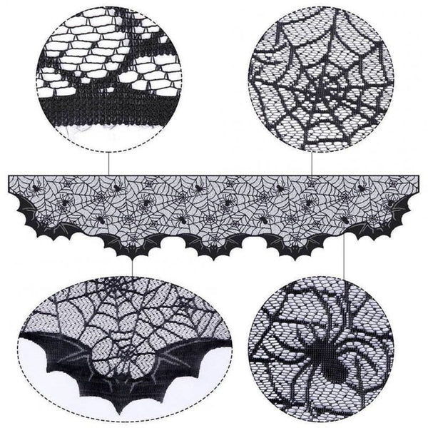 2Pcs Black Lace Spider Web Shape Fireplace Cover Halloween Party Decor 200X50cm