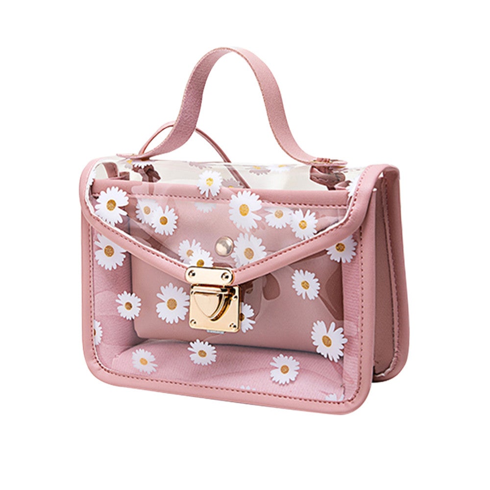 2 Pcs Creative Design Transparent Pvc Handbag Classic Texture Chic Daisy Flower Clutch Totes Pu Shoulder Bag Composite Set Women's Bags & Handbags