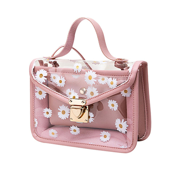 2 Pcs Creative Design Transparent Pvc Handbag Classic Texture Chic Daisy Flower Clutch Totes Pu Shoulder Bag Composite Set Women's Bags & Handbags