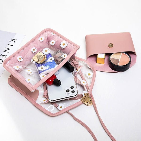 2 Pcs Creative Design Transparent Pvc Handbag Classic Texture Chic Daisy Flower Clutch Totes Pu Shoulder Bag Composite Set Women's Bags & Handbags