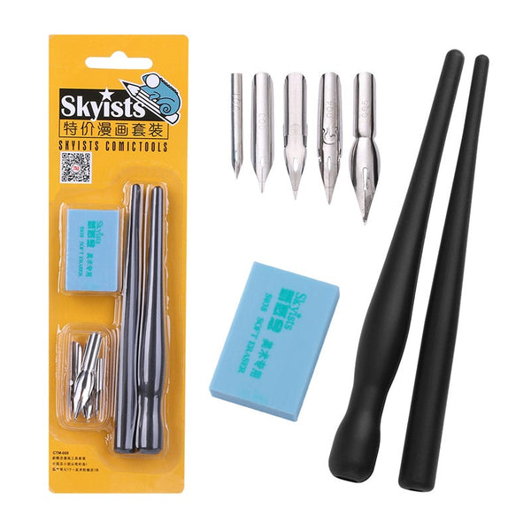2 Set Cartoon Manga Pen Tip Calligraphy Drawing Tool 5 Nib Holder 1 Eraser Painting Supplie Art Pens & Markers