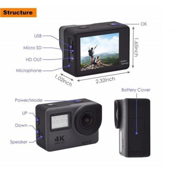 Dual Screen Wifi Full Hd 1080P Underwater Sport Dv Extreme Bicycle Action Camera 4K Black