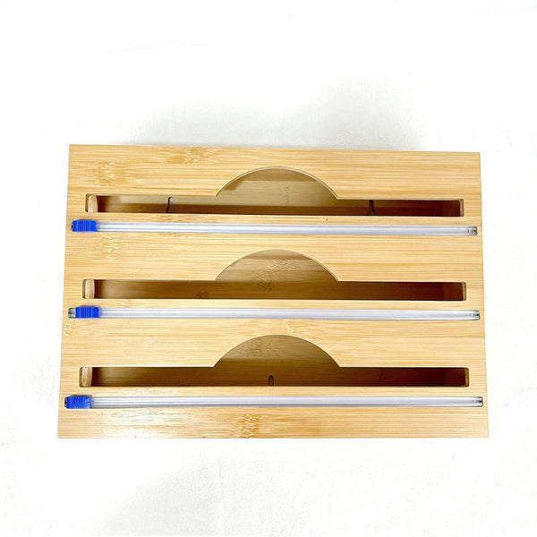 3 Sections Bamboo Food Wrap Holder Foil Cling Film Cutter Cling Film Foil & Food Wraps