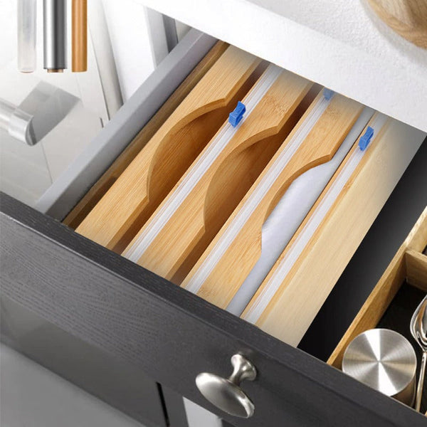 3 Sections Bamboo Food Wrap Holder Foil Cling Film Cutter Cling Film Foil & Food Wraps