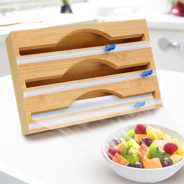 3 Sections Bamboo Food Wrap Holder Foil Cling Film Cutter