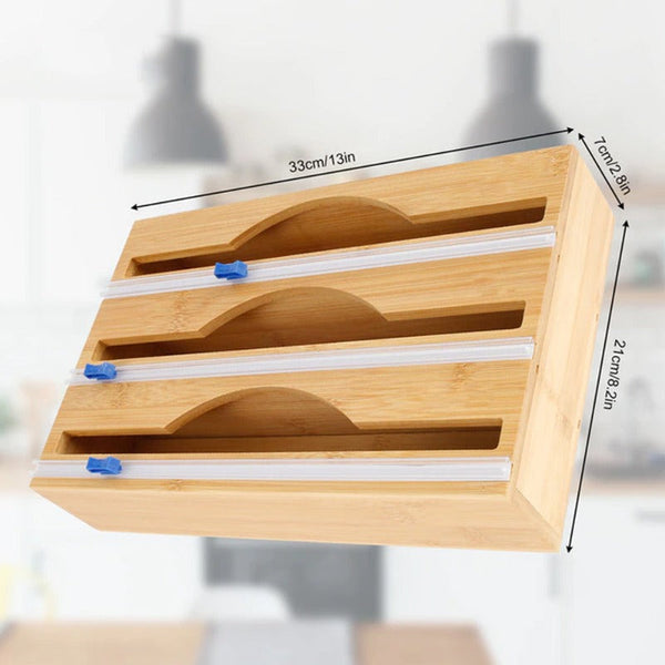 3 Sections Bamboo Food Wrap Holder Foil Cling Film Cutter Cling Film Foil & Food Wraps