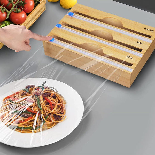 3 Sections Bamboo Food Wrap Holder Foil Cling Film Cutter