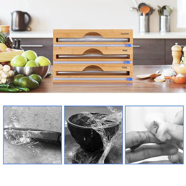 3 Sections Bamboo Food Wrap Holder Foil Cling Film Cutter Cling Film Foil & Food Wraps