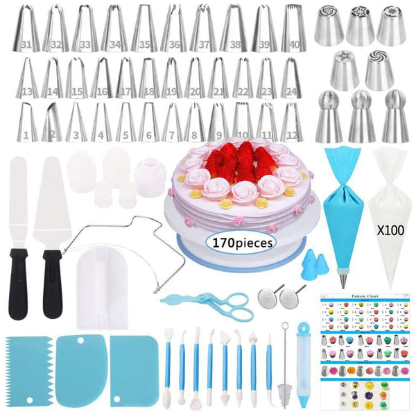 170Pcs Cake Decorating Kit Turntable Flower Piping Nozzles Other Decorating Tools
