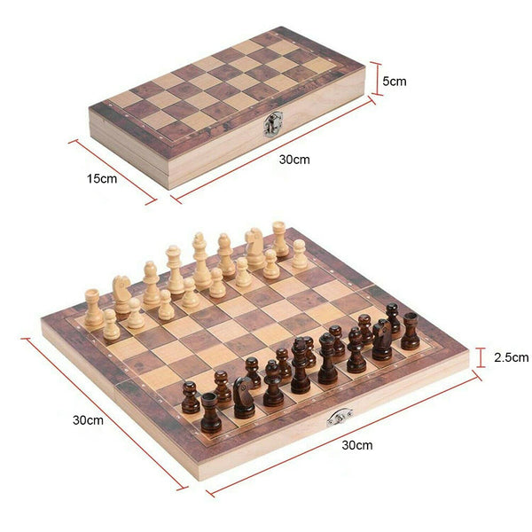 3-In-1 Large Folding Wooden Chessboard Checkers Gaming Set