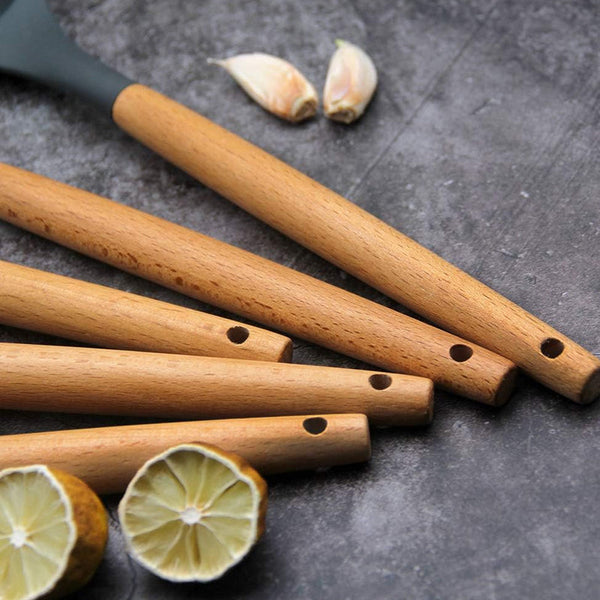 12Pcs Heat Resistant Silicone And Wood Kitchen Cooking Utensil Set Serving Utensils & Sets