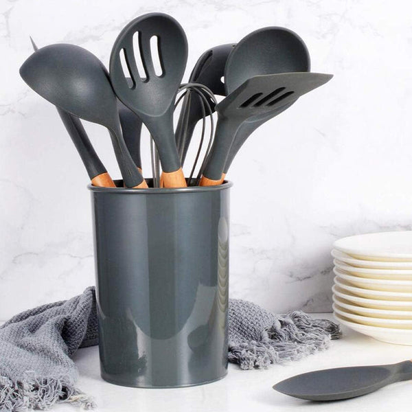 12Pcs Heat Resistant Silicone And Wood Kitchen Cooking Utensil Set Serving Utensils & Sets