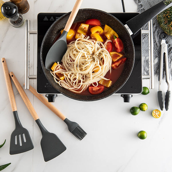 12Pcs Heat Resistant Silicone And Wood Kitchen Cooking Utensil Set Serving Utensils & Sets