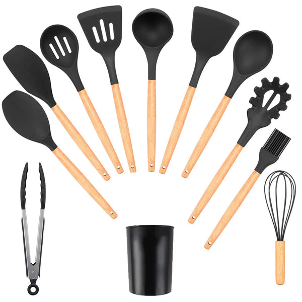 12Pcs Heat Resistant Silicone And Wood Kitchen Cooking Utensil Set Serving Utensils & Sets