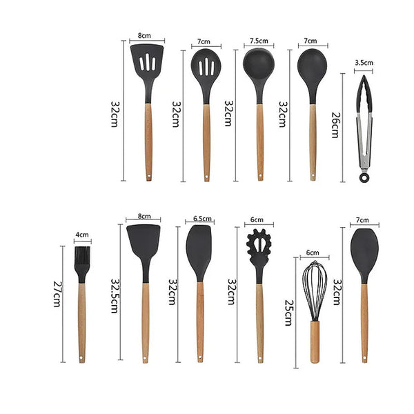 12Pcs Heat Resistant Silicone And Wood Kitchen Cooking Utensil Set Serving Utensils & Sets
