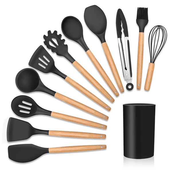 12Pcs Heat Resistant Silicone And Wood Kitchen Cooking Utensil Set Serving Utensils & Sets