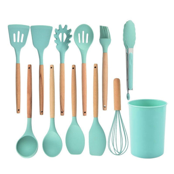 12Pcs Heat Resistant Silicone And Wood Kitchen Cooking Utensil Set Serving Utensils & Sets