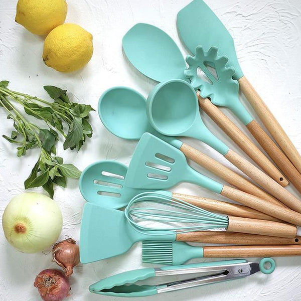 12Pcs Heat Resistant Silicone And Wood Kitchen Cooking Utensil Set Serving Utensils & Sets