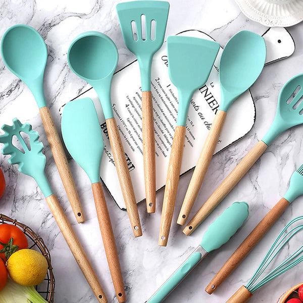 12Pcs Heat Resistant Silicone And Wood Kitchen Cooking Utensil Set Serving Utensils & Sets