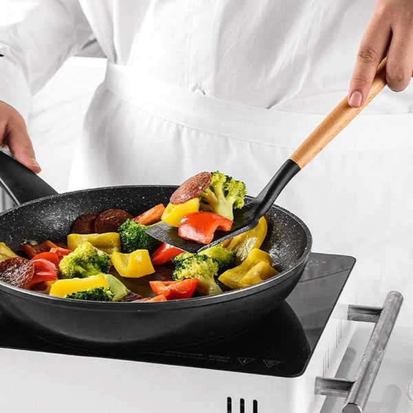 12Pcs Heat Resistant Silicone And Wood Kitchen Cooking Utensil Set Serving Utensils & Sets