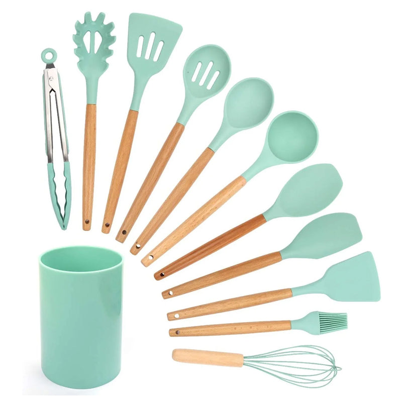 12Pcs Heat Resistant Silicone And Wood Kitchen Cooking Utensil Set Serving Utensils & Sets