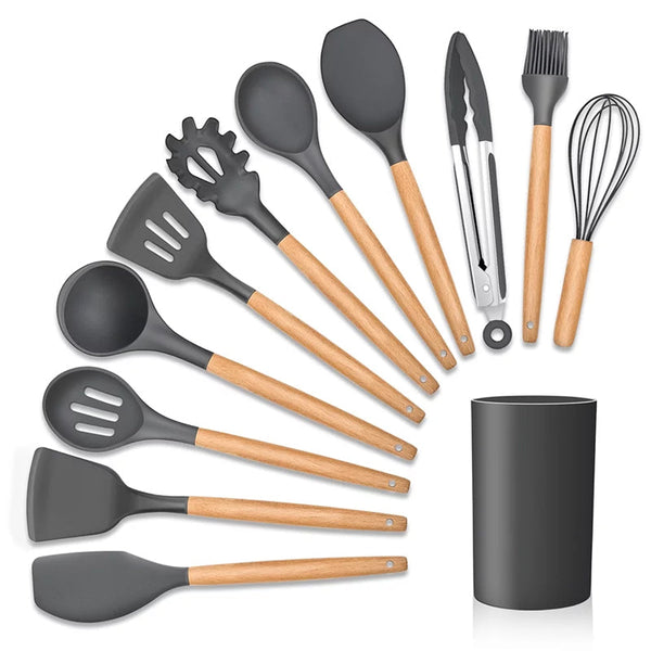12Pcs Heat Resistant Silicone And Wood Kitchen Cooking Utensil Set Serving Utensils & Sets