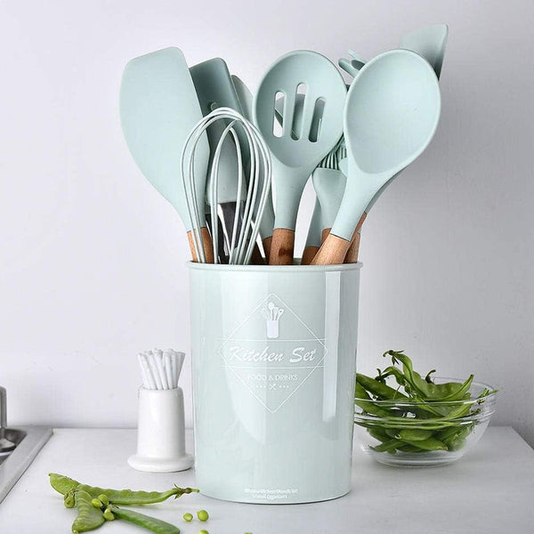 12Pcs Heat Resistant Silicone And Wood Kitchen Baking Cooking Utensil Set Cooking Utensils