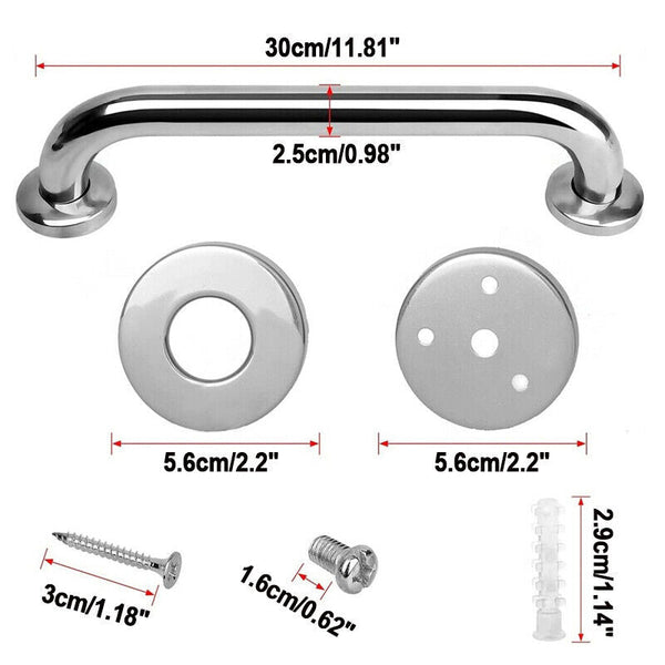 2Pcs Chrome Plated Safety Bar Stainless Steel Bathroom Grab Handrails 30 X 2.5Cm Handles & Rails
