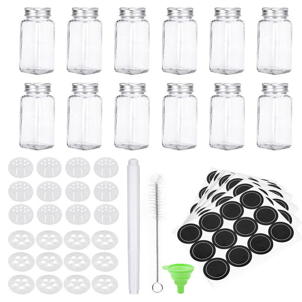 Pack Of 12 Stainless Steel Glass Powdered Seasoning Bottles Spice Jars & Racks