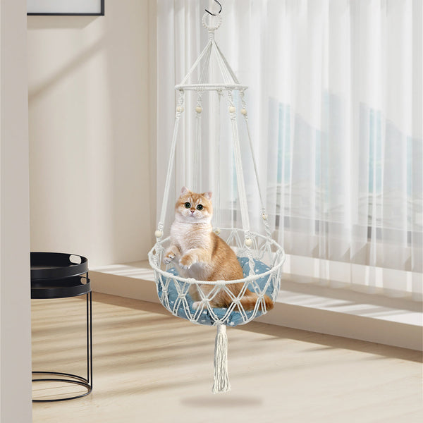 Petswol Macrame Cat Hammock - Handwoven Boho Swing For Indoor/Outdoor