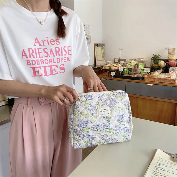 2 Piece Quilted Floral Makeup Bag Set Travel Coquette Aesthetic Cosmetic Bags Makeup Bags & Cases