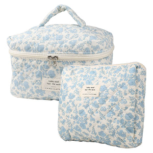 Quilted Floral Makeup Bag Set For Travel Coquette Aesthetic Cosmetic Bags (2-Piece)