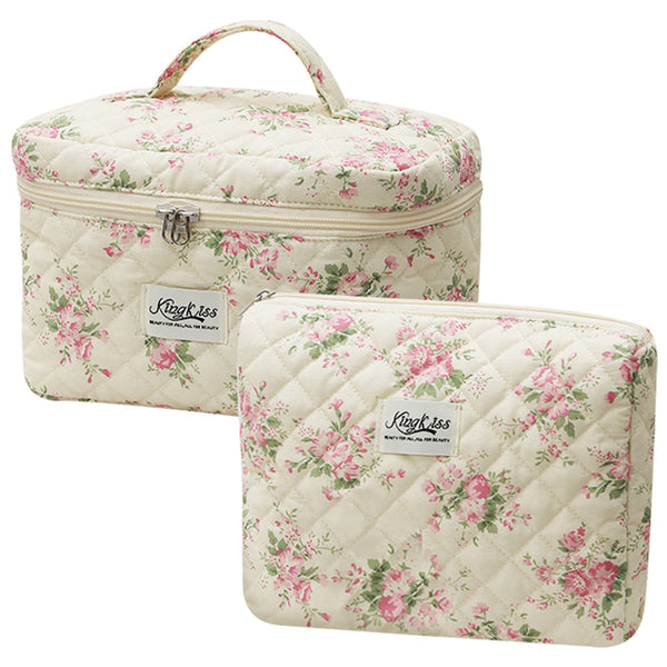 2 Piece Quilted Floral Makeup Bag Set Travel Coquette Aesthetic Cosmetic Bags Makeup Bags & Cases