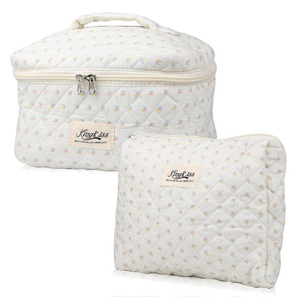 2 Piece Quilted Floral Makeup Bag Set Travel Coquette Aesthetic Cosmetic Bags Makeup Bags & Cases