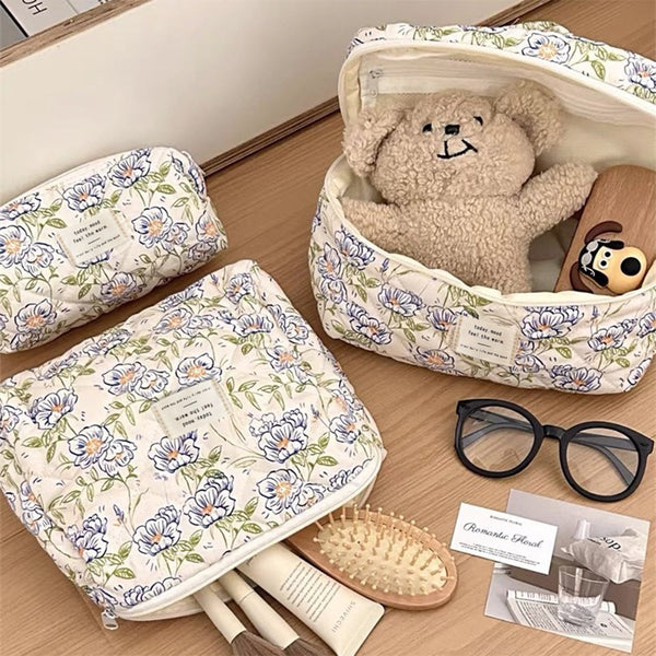 2 Piece Quilted Floral Makeup Bag Set Travel Coquette Aesthetic Cosmetic Bags Makeup Bags & Cases