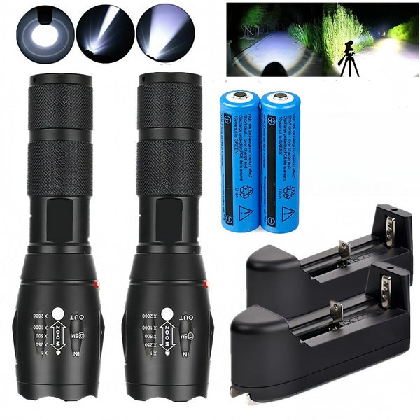 2Pcs Bright Led Flashlight Rechargeable Torch Camping Zoom Light Flashlights