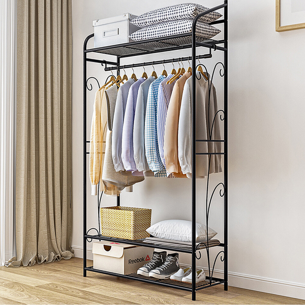 Black Metal Heavy Duty Clothes Rail Rack With 2 Shelf Storage Shelves Garment Racks