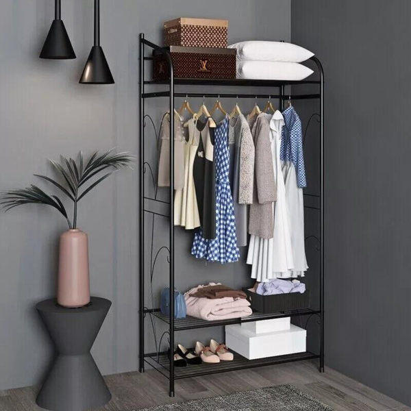 Black Metal Heavy Duty Clothes Rail Rack With 2 Shelf Storage Shelves Garment Racks